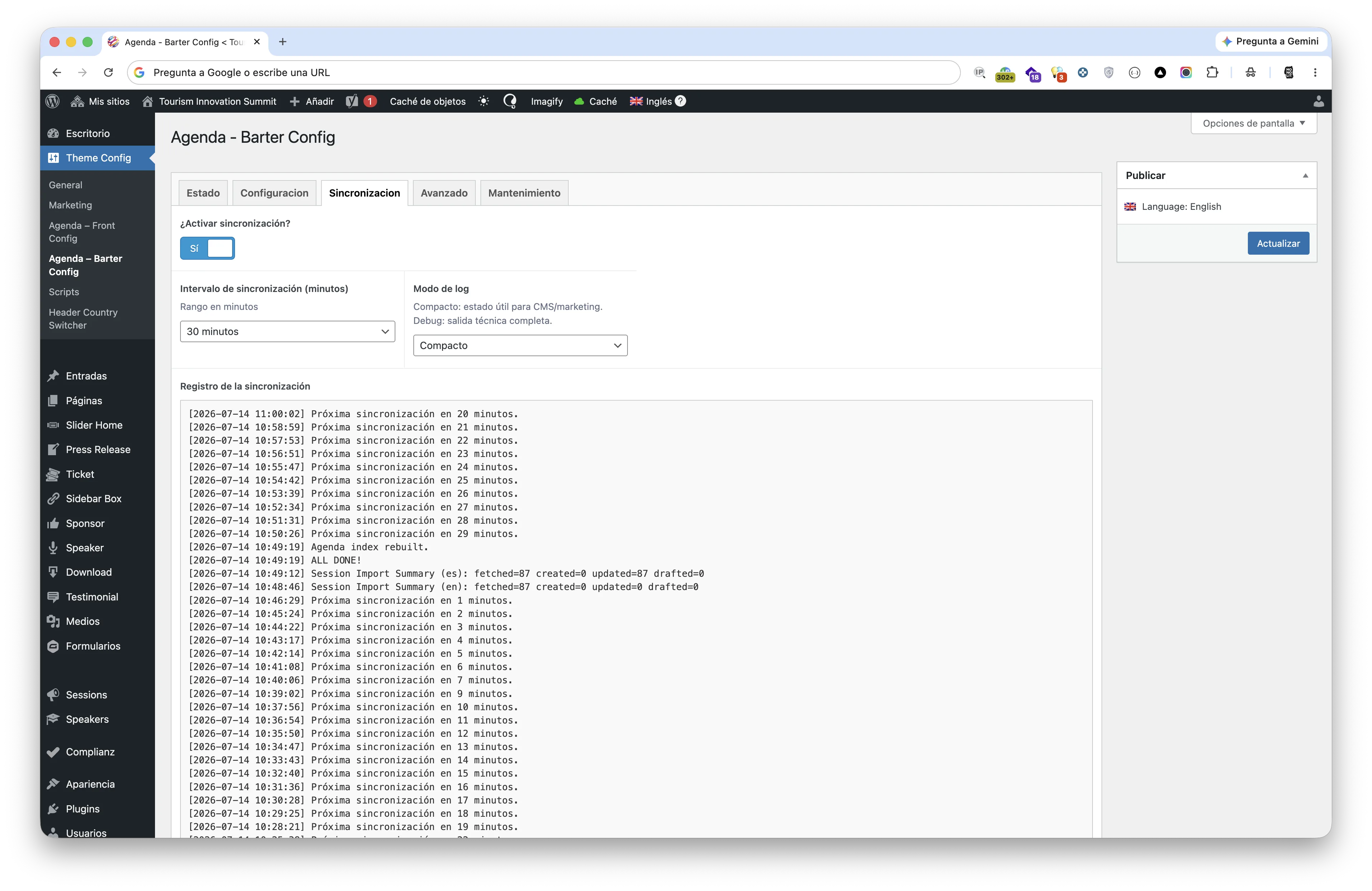 Agenda synchronisation settings and log