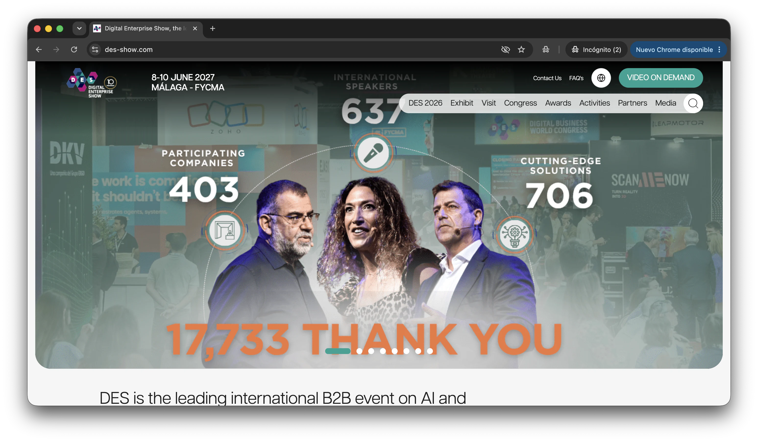 DES homepage within the event platform