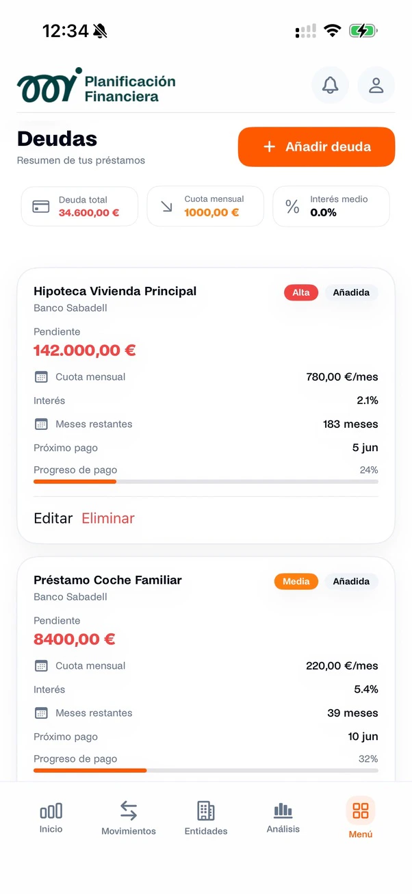 Debt planning in the Mi Planificación Financiera app