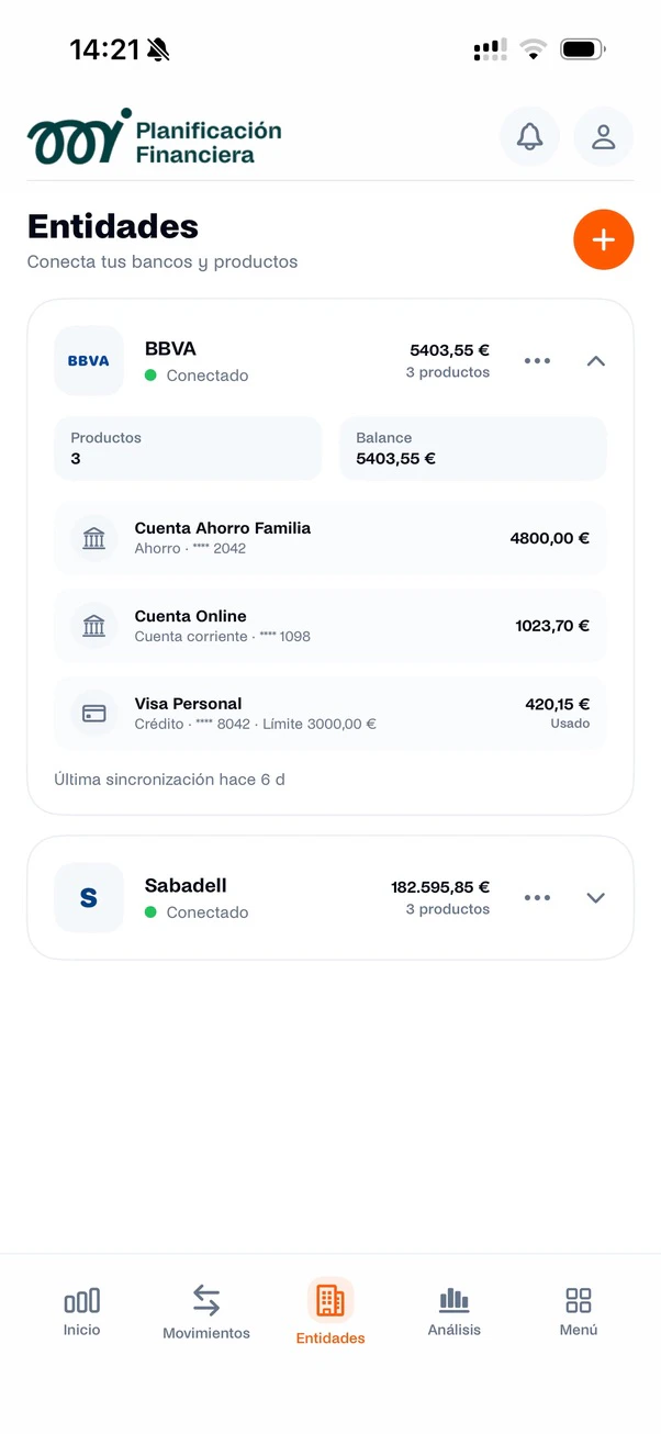 Connected institutions and products in the Mi Planificación Financiera app