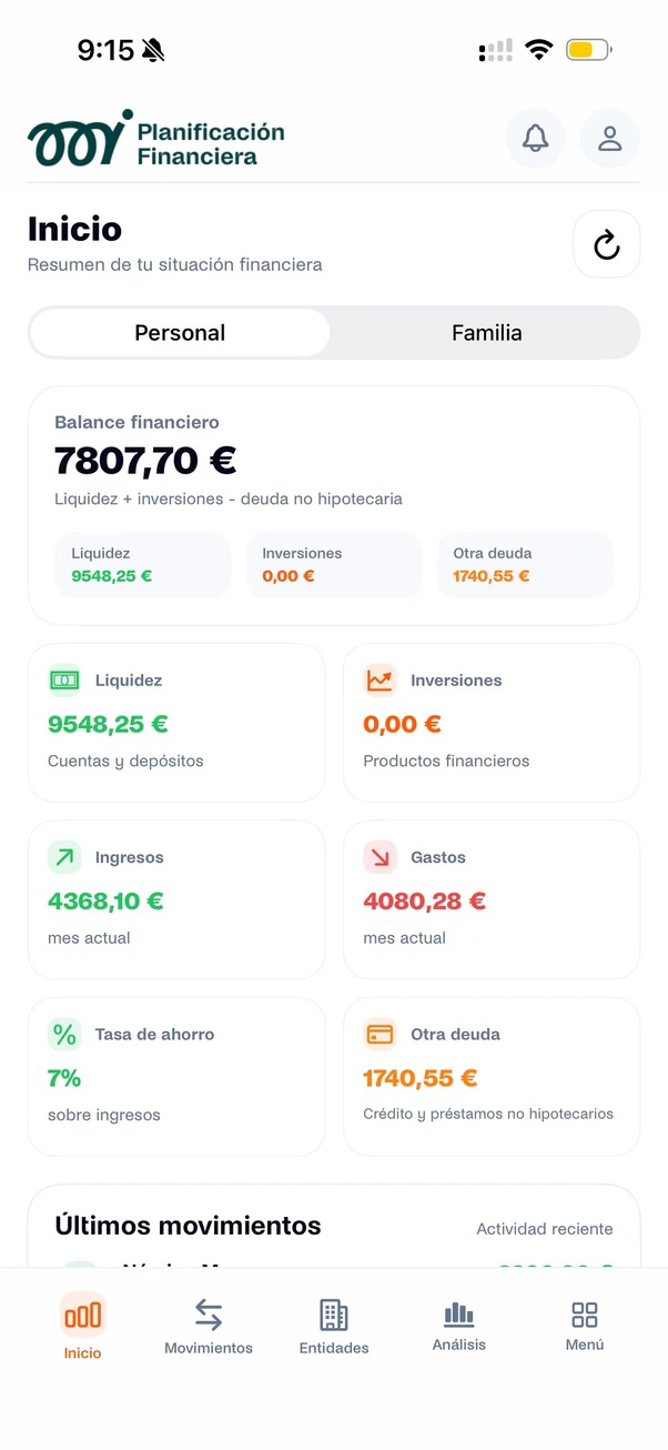 Financial overview in the Mi Planificación Financiera app