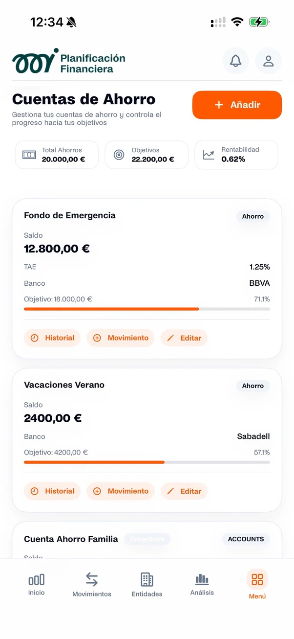 Savings accounts and goals in the Mi Planificación Financiera app