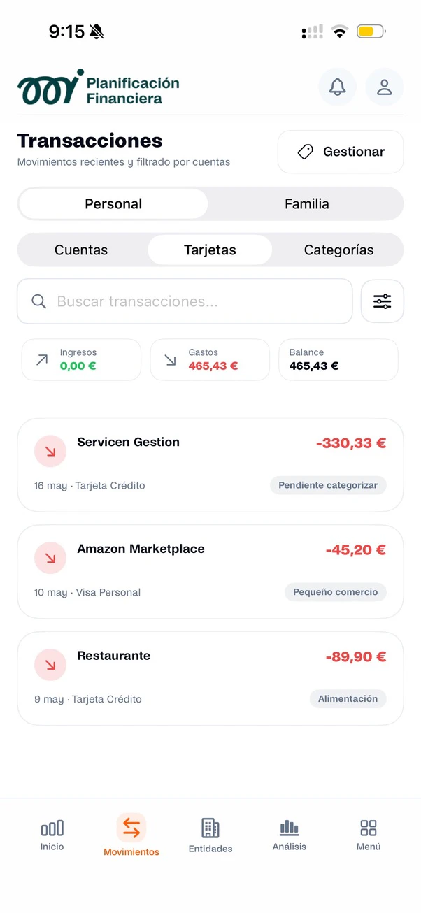 Transactions in the Mi Planificación Financiera app